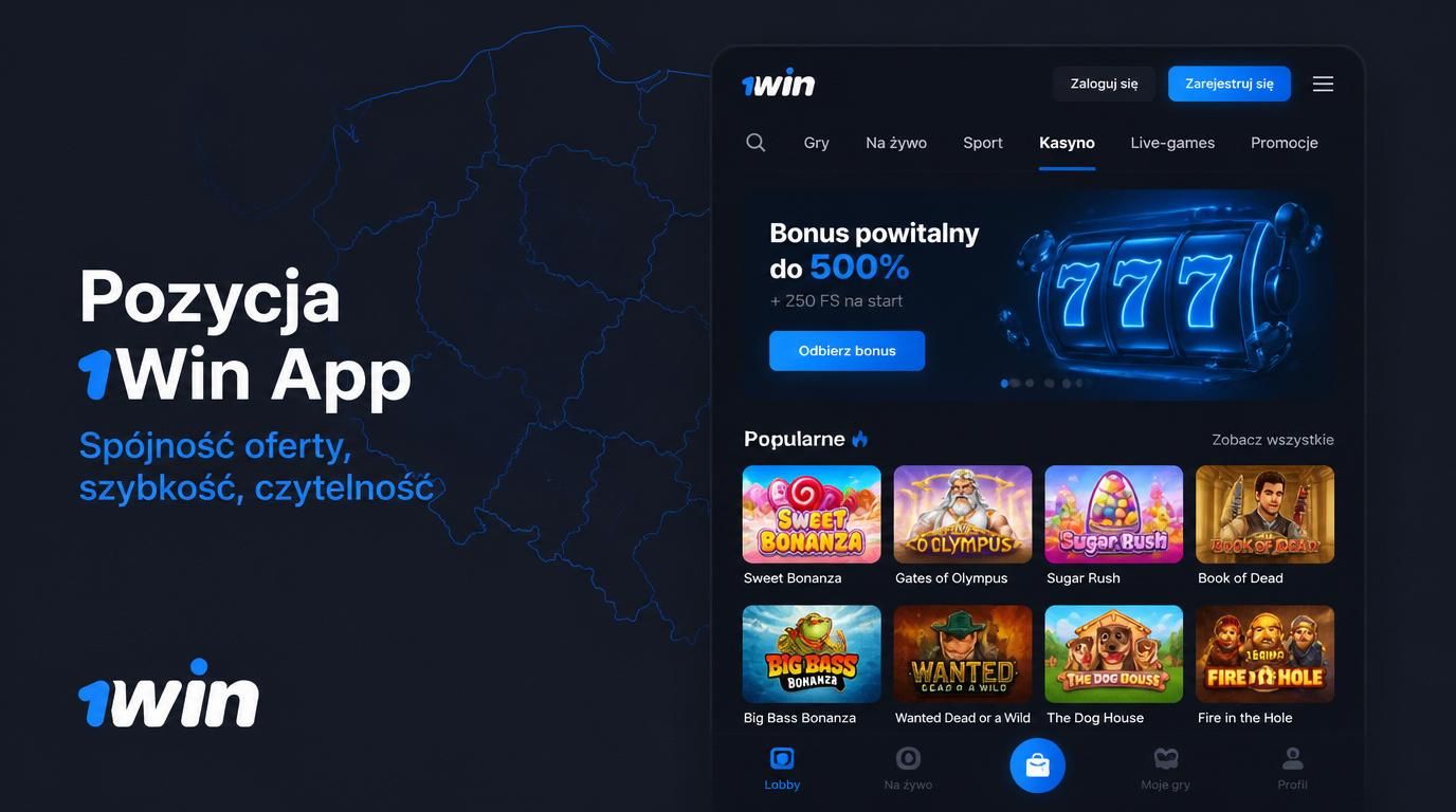 Widok lobby 1Win ze słowami „Pozycja 1Win App”